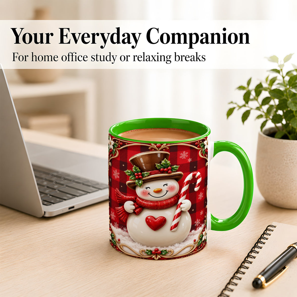 #pl[11oz|Green] Plaid Snowman Coffee Mug, Christmas Snowman Mug, Ceramic Cup