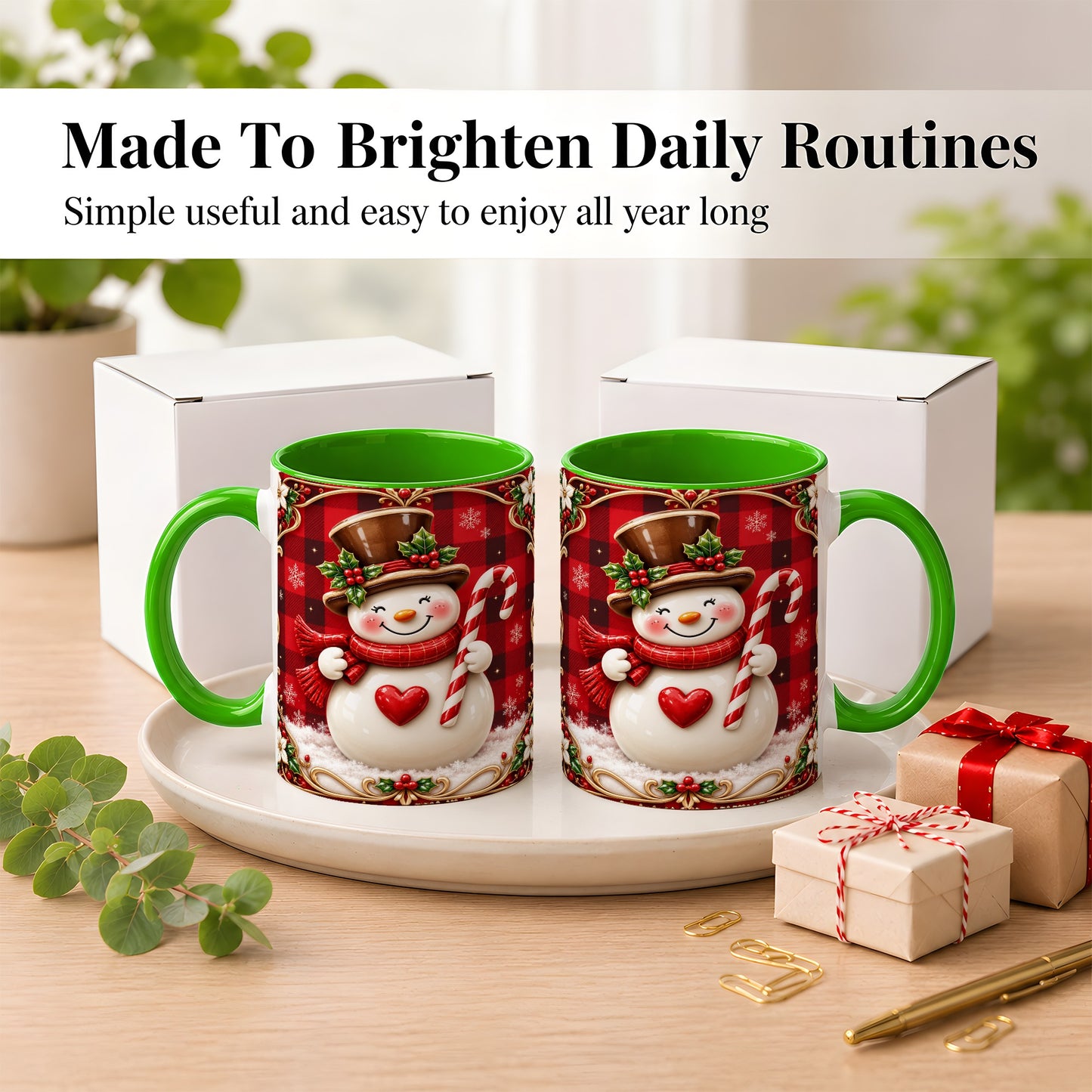 #pl[11oz|Green] Plaid Snowman Coffee Mug, Christmas Snowman Mug, Ceramic Cup