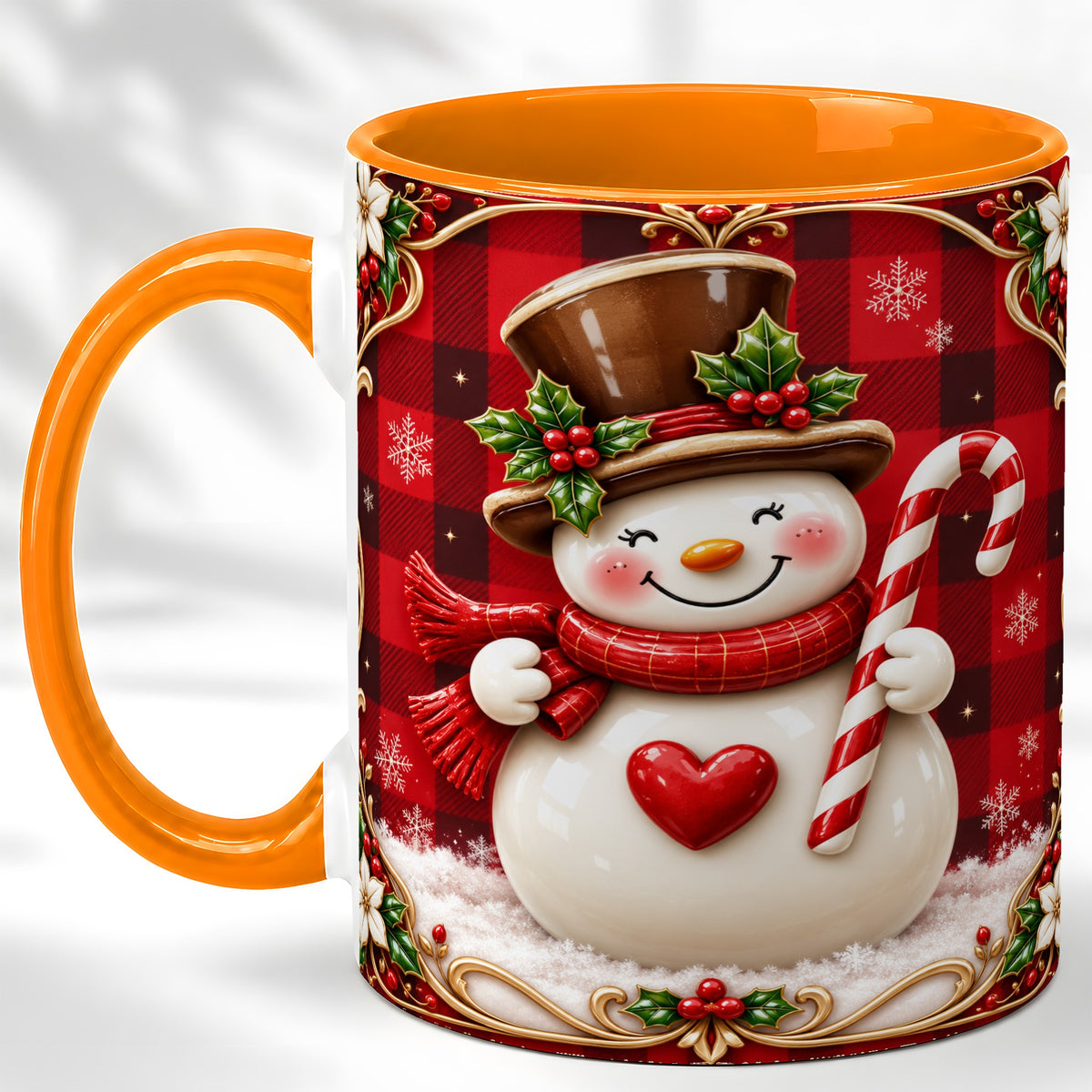 #pl[11oz|Orange] Plaid Snowman Coffee Mug, Christmas Snowman Mug, Ceramic Cup