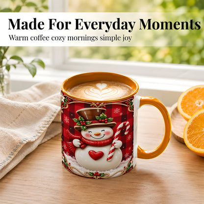 #pl[11oz|Orange] Plaid Snowman Coffee Mug, Christmas Snowman Mug, Ceramic Cup