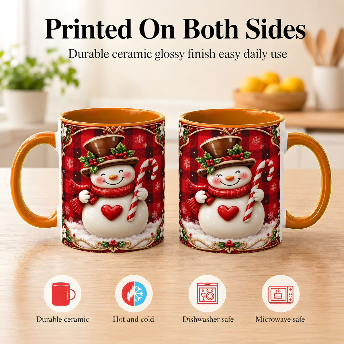 #pl[11oz|Orange] Plaid Snowman Coffee Mug, Christmas Snowman Mug, Ceramic Cup