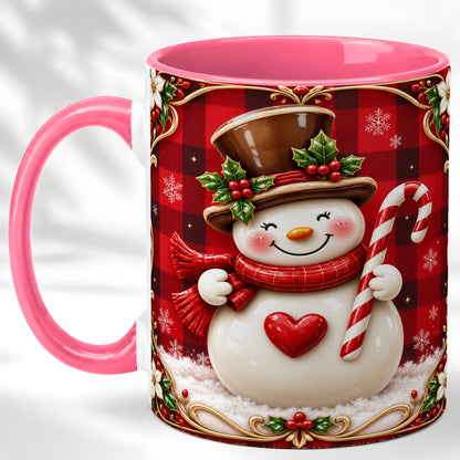 #pl[11oz|Pink] Plaid Snowman Coffee Mug, Christmas Snowman Mug, Ceramic Cup