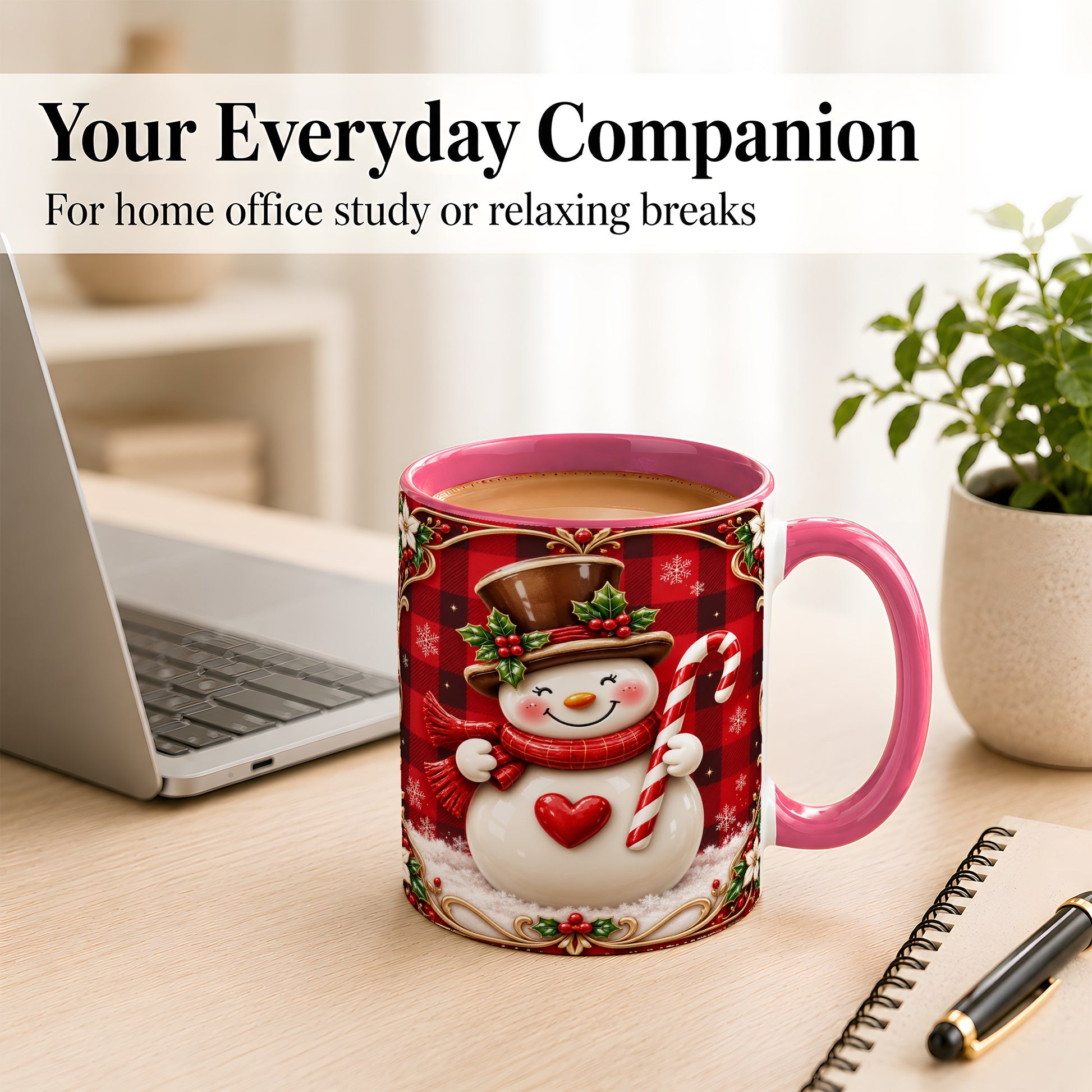 #pl[11oz|Pink] Plaid Snowman Coffee Mug, Christmas Snowman Mug, Ceramic Cup