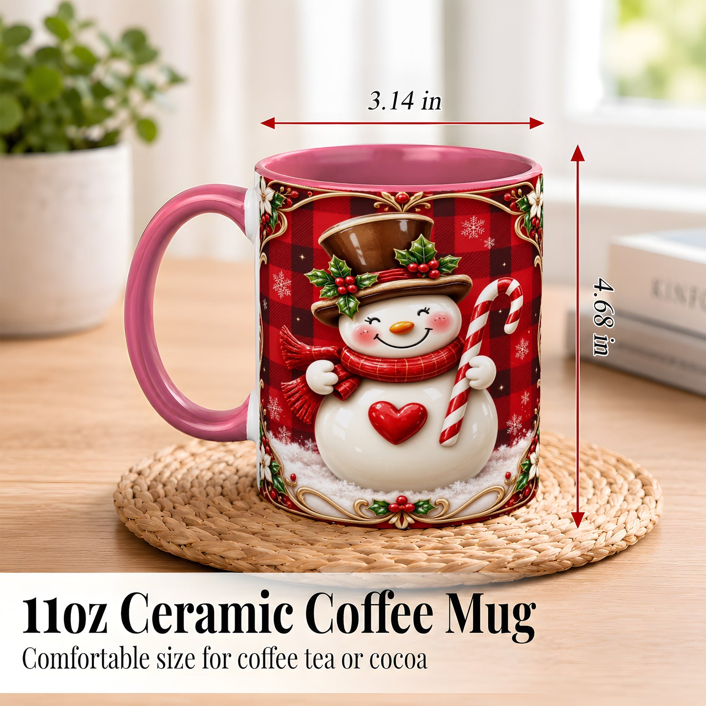 #pl[11oz|Pink] Plaid Snowman Coffee Mug, Christmas Snowman Mug, Ceramic Cup