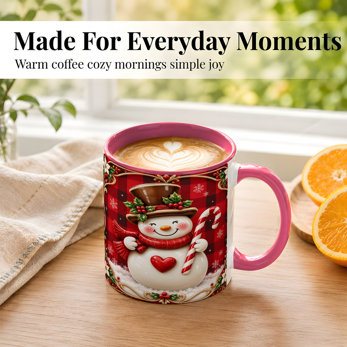 #pl[11oz|Pink] Plaid Snowman Coffee Mug, Christmas Snowman Mug, Ceramic Cup