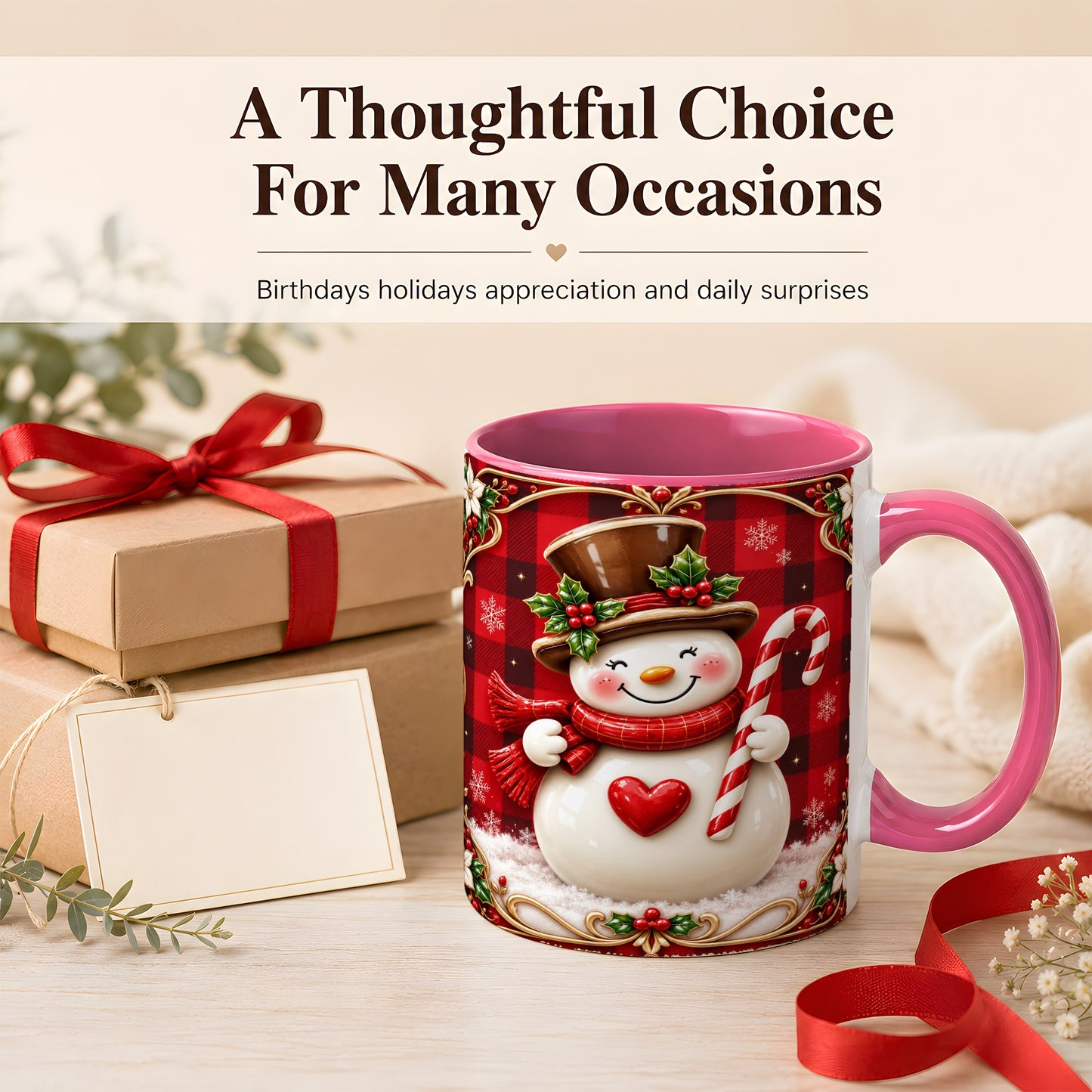 #pl[11oz|Pink] Plaid Snowman Coffee Mug, Christmas Snowman Mug, Ceramic Cup