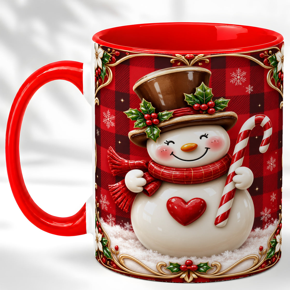 Plaid Snowman Coffee Mug, Christmas Snowman Mug, Ceramic Cup