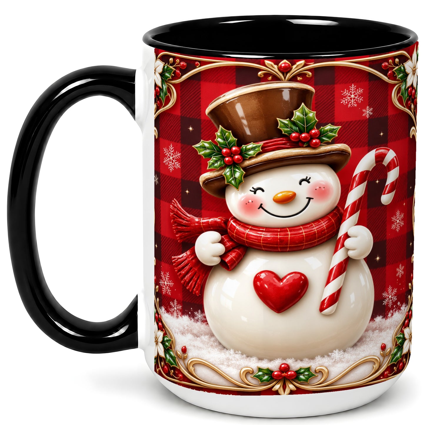 #pl[15oz|Black] Plaid Snowman Coffee Mug, Christmas Snowman Mug, Ceramic Cup