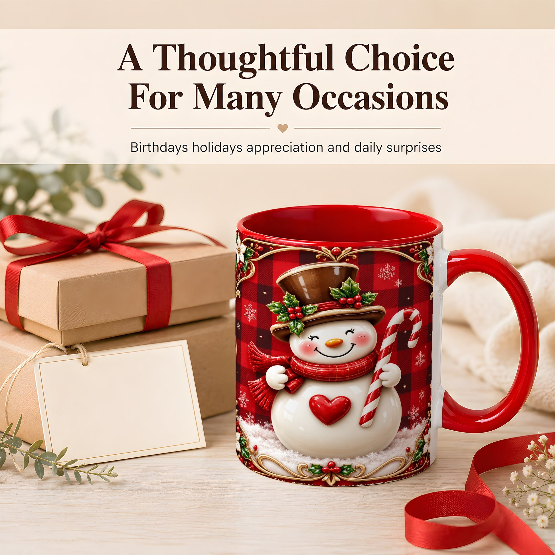 #pl[11oz|Red] Plaid Snowman Coffee Mug, Christmas Snowman Mug, Ceramic Cup