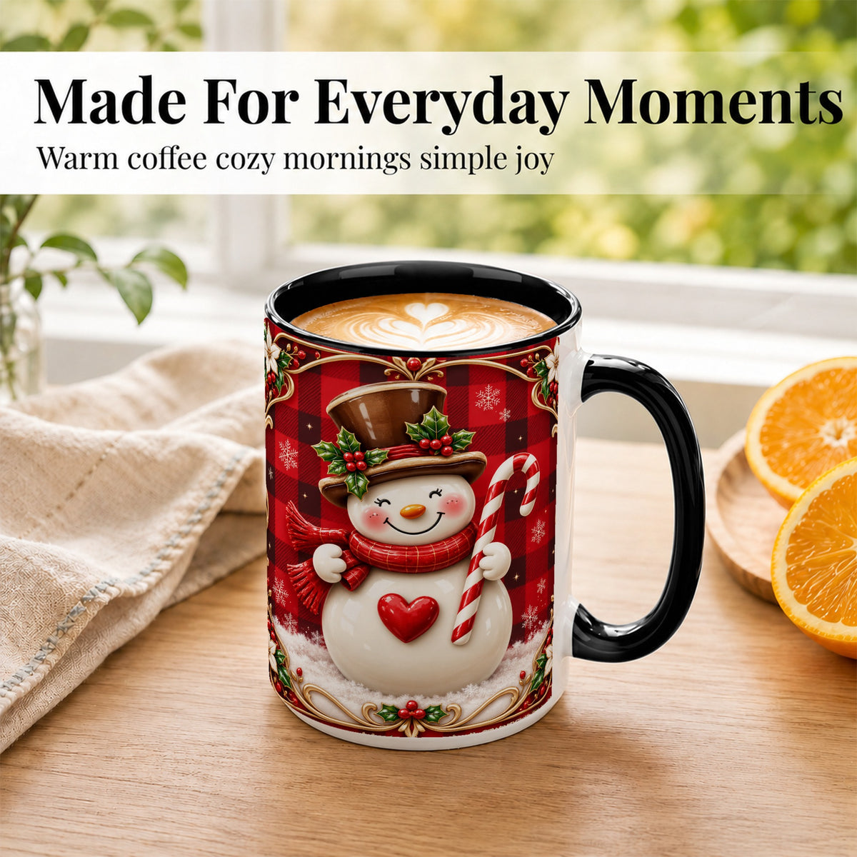 #pl[15oz|Black] Plaid Snowman Coffee Mug, Christmas Snowman Mug, Ceramic Cup