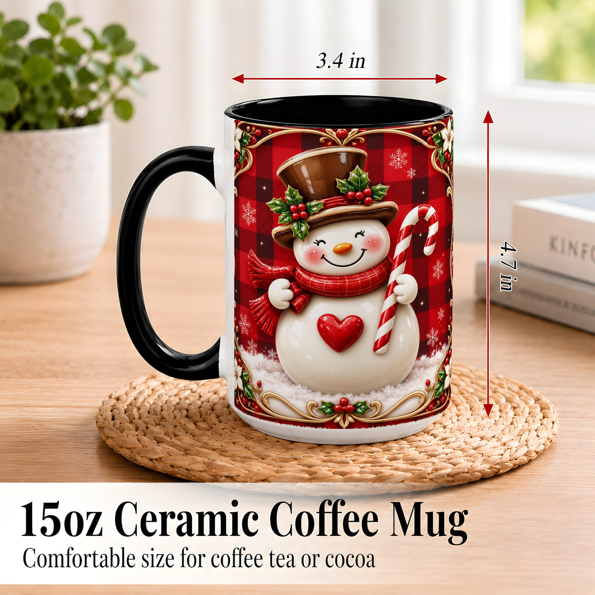 #pl[15oz|Black] Plaid Snowman Coffee Mug, Christmas Snowman Mug, Ceramic Cup