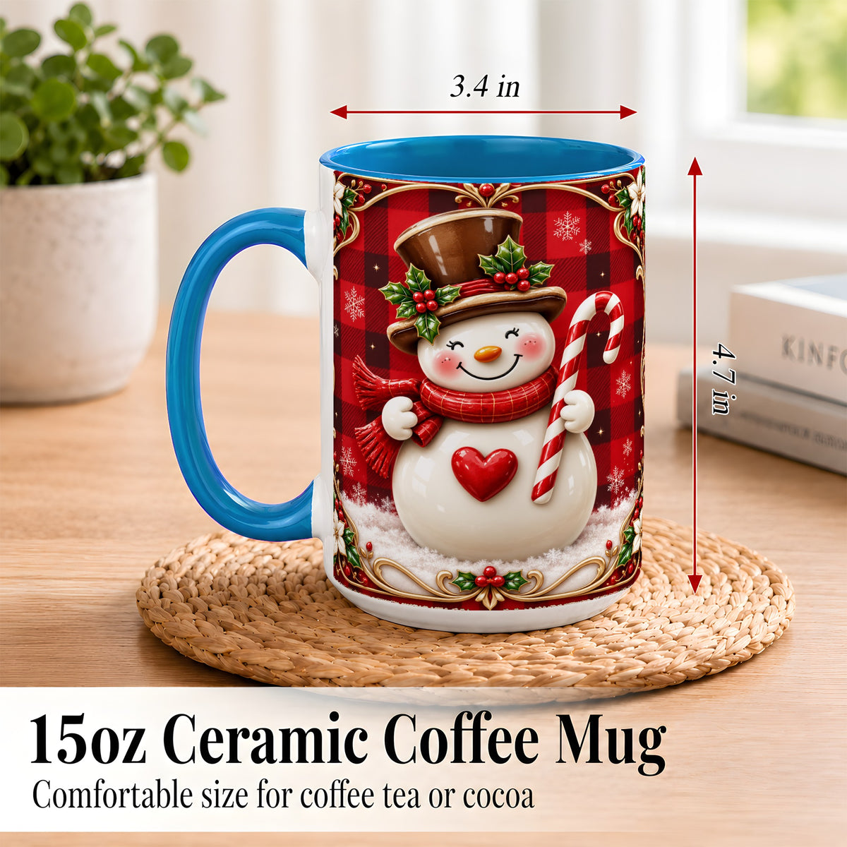 #pl[15oz|Blue] Plaid Snowman Coffee Mug, Christmas Snowman Mug, Ceramic Cup