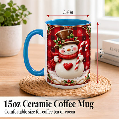 #pl[15oz|Blue] Plaid Snowman Coffee Mug, Christmas Snowman Mug, Ceramic Cup