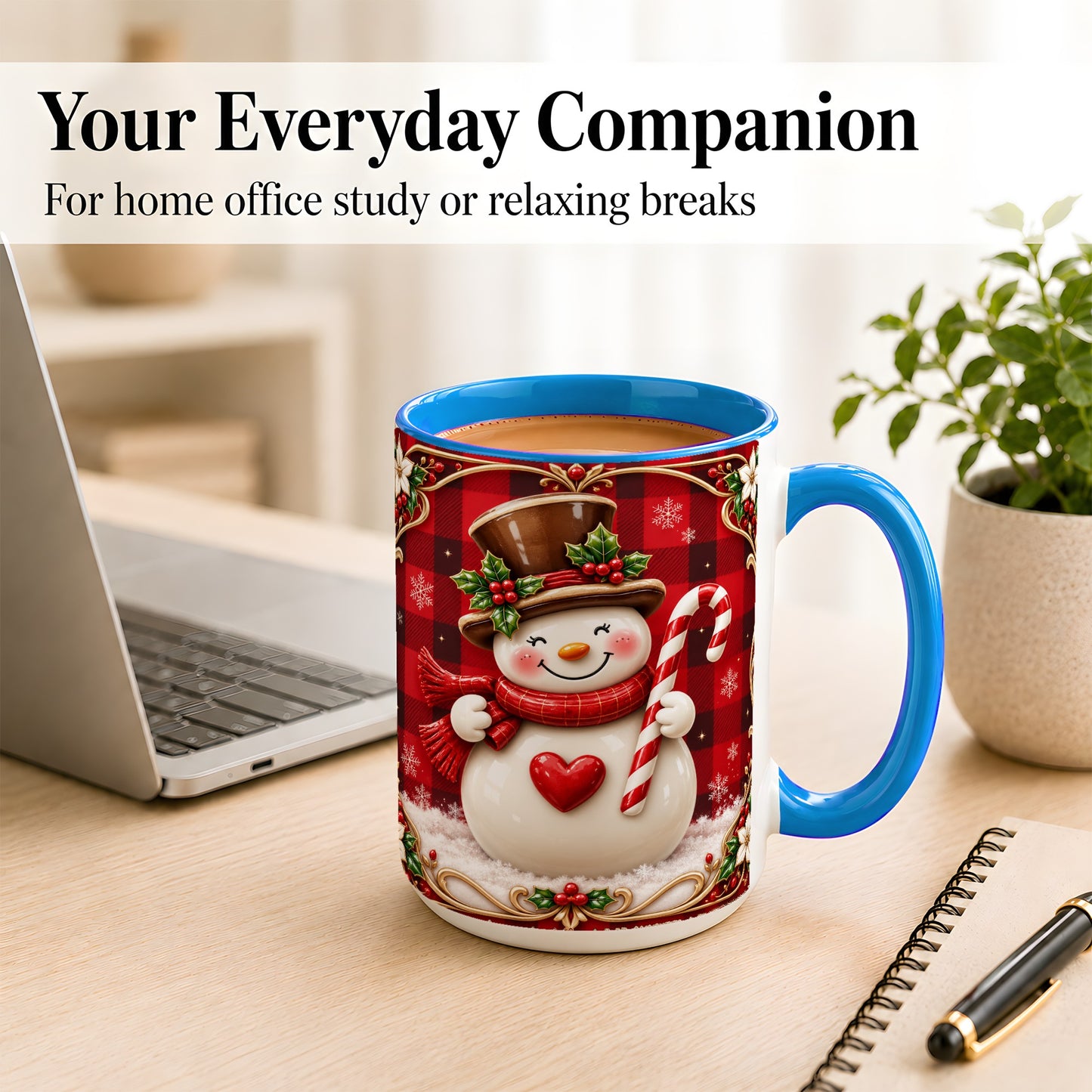 #pl[15oz|Blue] Plaid Snowman Coffee Mug, Christmas Snowman Mug, Ceramic Cup