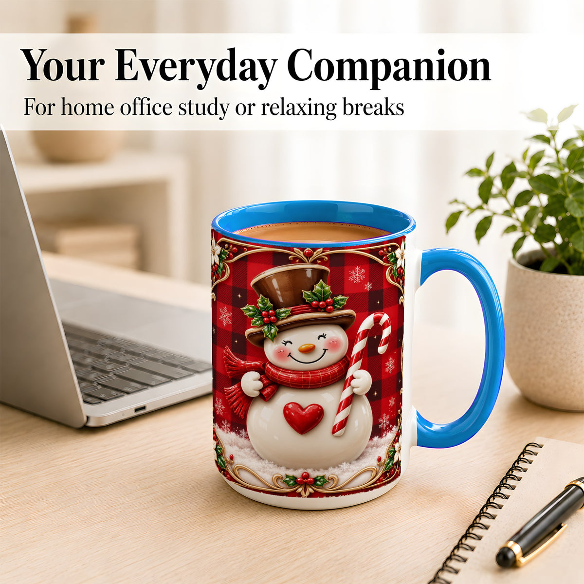 #pl[15oz|Blue] Plaid Snowman Coffee Mug, Christmas Snowman Mug, Ceramic Cup