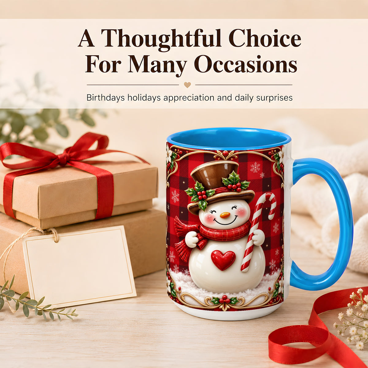 #pl[15oz|Blue] Plaid Snowman Coffee Mug, Christmas Snowman Mug, Ceramic Cup
