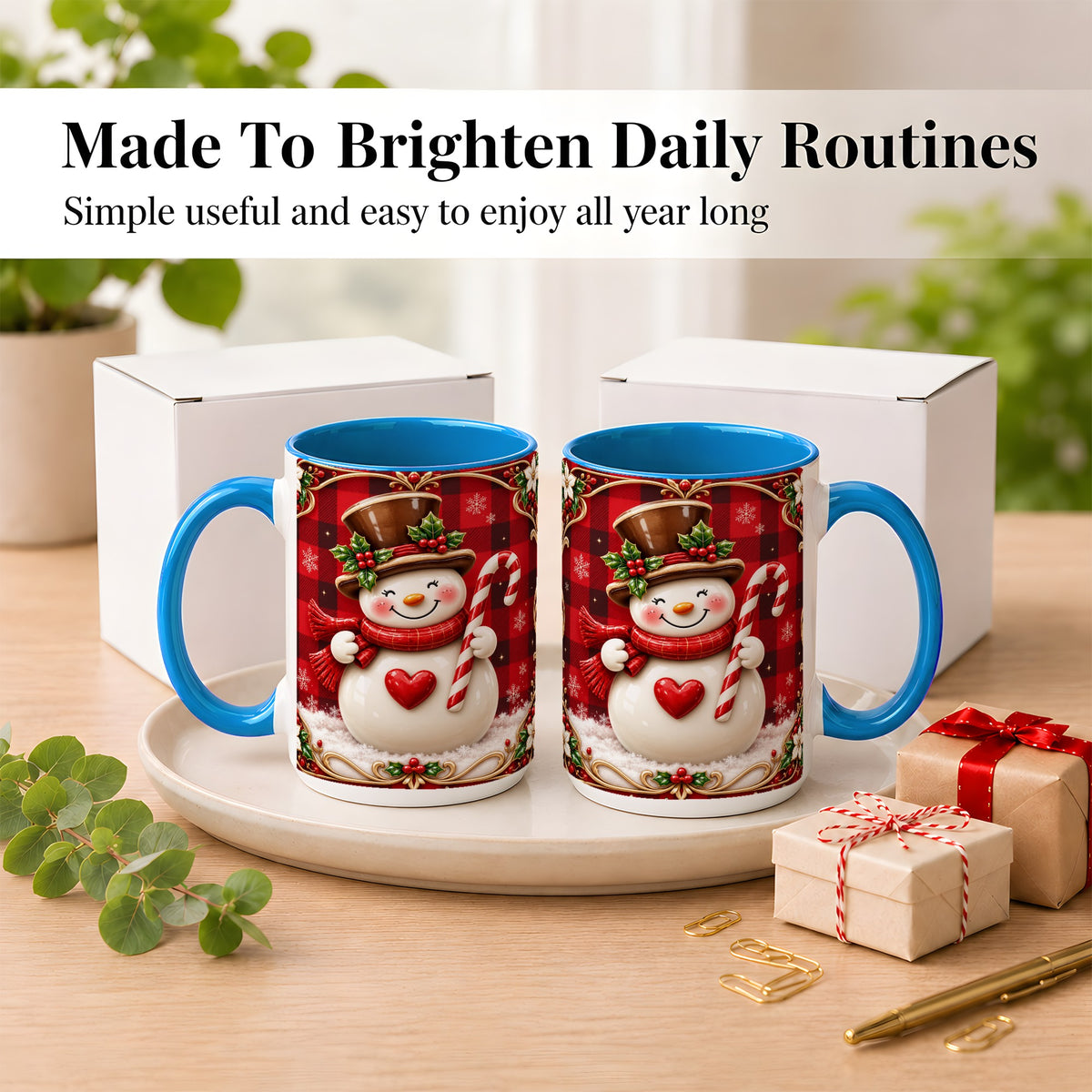 #pl[15oz|Blue] Plaid Snowman Coffee Mug, Christmas Snowman Mug, Ceramic Cup