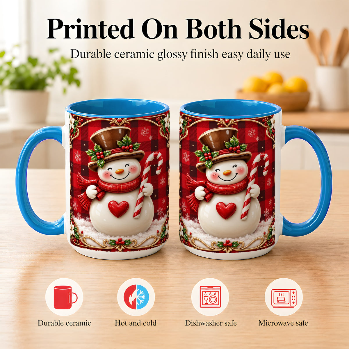 #pl[15oz|Blue] Plaid Snowman Coffee Mug, Christmas Snowman Mug, Ceramic Cup