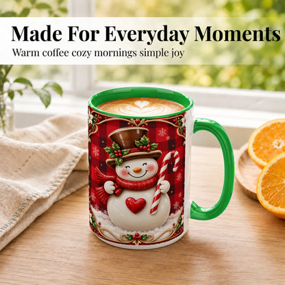 #pl[15oz|Green] Plaid Snowman Coffee Mug, Christmas Snowman Mug, Ceramic Cup