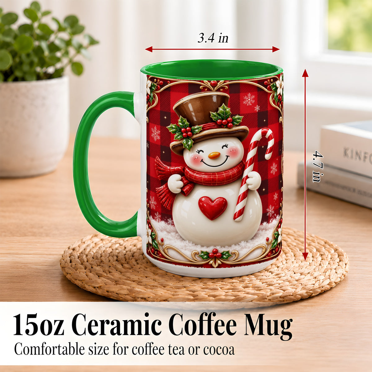 #pl[15oz|Green] Plaid Snowman Coffee Mug, Christmas Snowman Mug, Ceramic Cup