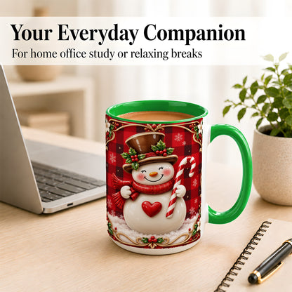 #pl[15oz|Green] Plaid Snowman Coffee Mug, Christmas Snowman Mug, Ceramic Cup