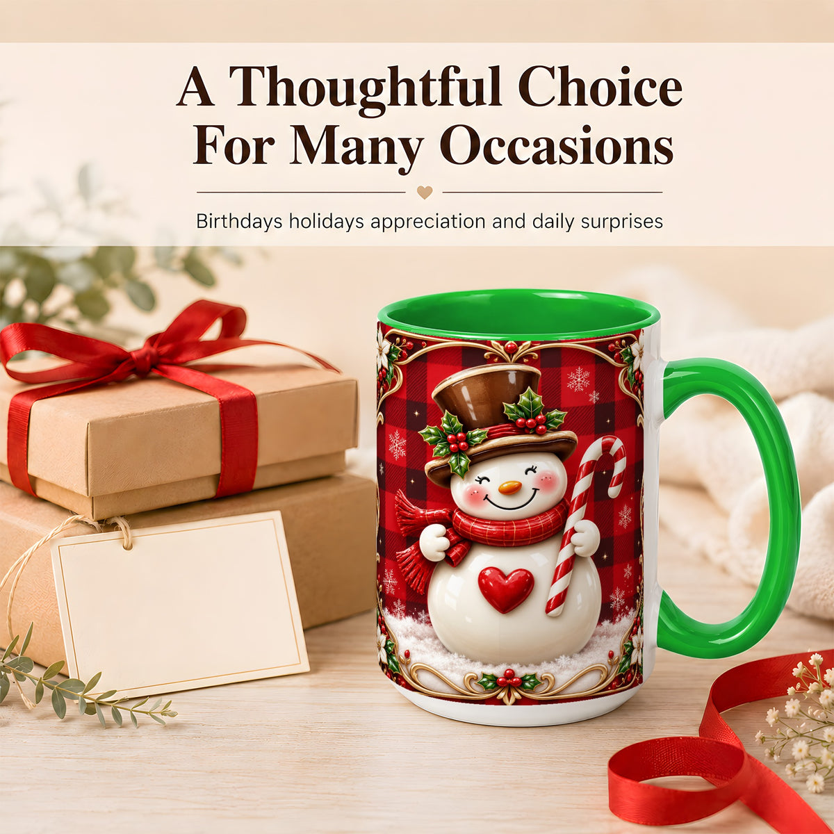 #pl[15oz|Green] Plaid Snowman Coffee Mug, Christmas Snowman Mug, Ceramic Cup