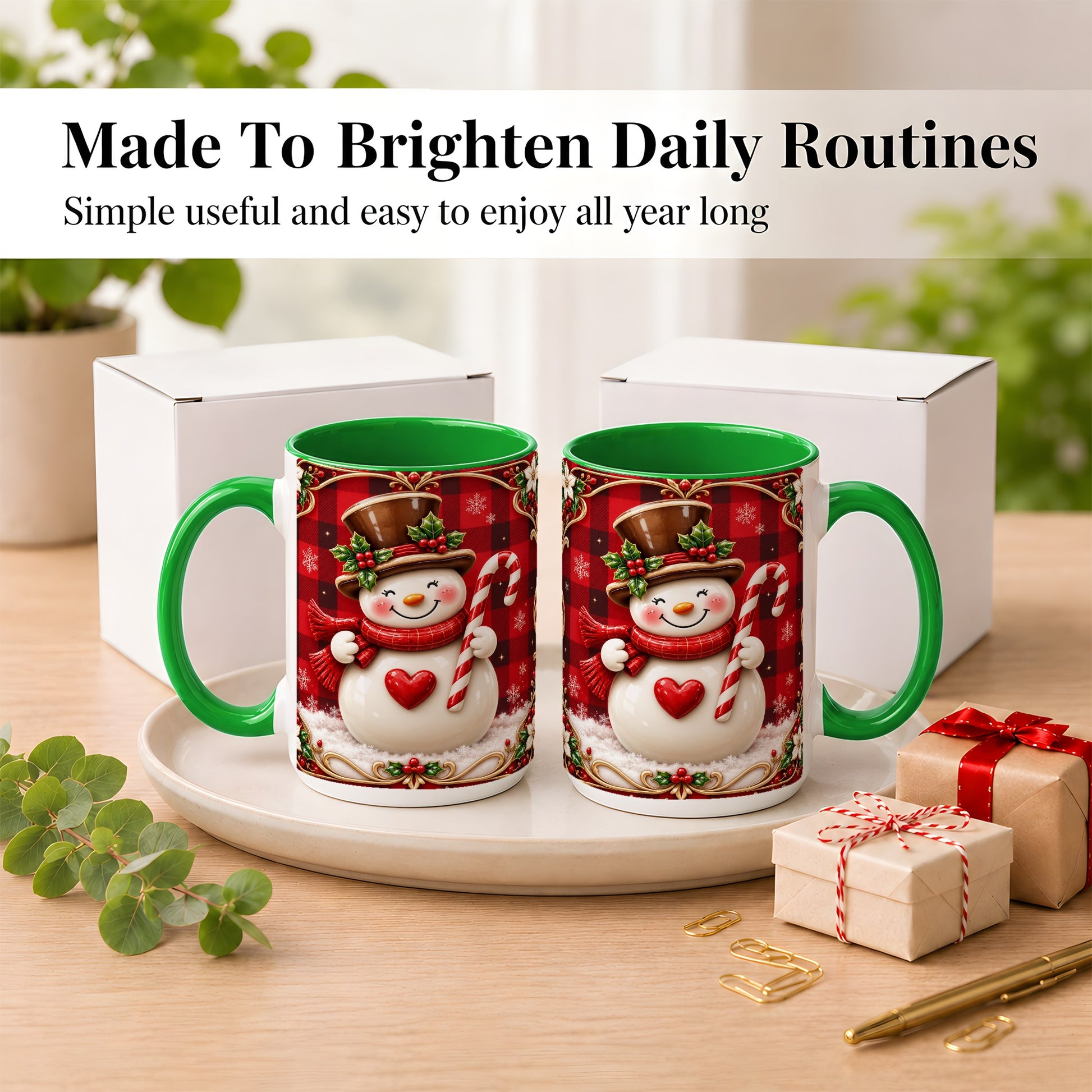 #pl[15oz|Green] Plaid Snowman Coffee Mug, Christmas Snowman Mug, Ceramic Cup