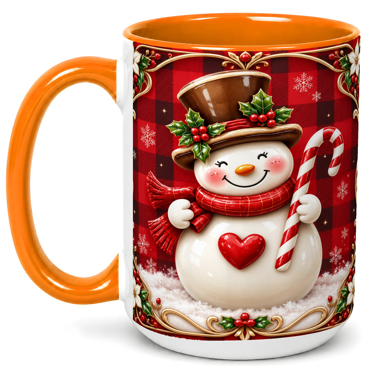 #pl[15oz|Orange] Plaid Snowman Coffee Mug, Christmas Snowman Mug, Ceramic Cup