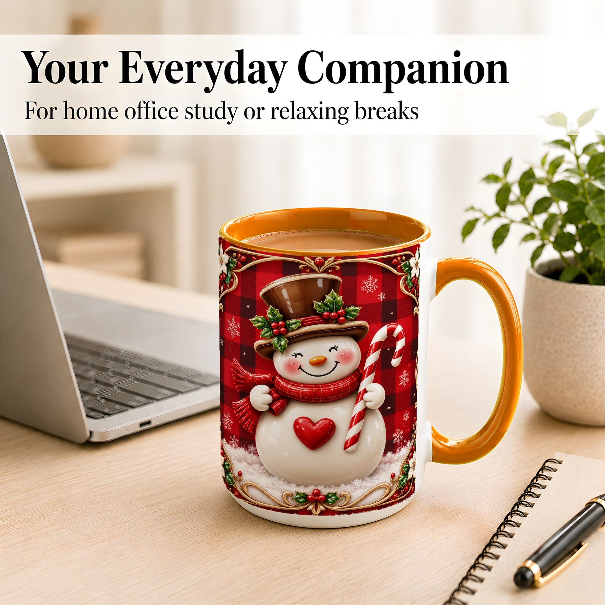 #pl[15oz|Orange] Plaid Snowman Coffee Mug, Christmas Snowman Mug, Ceramic Cup