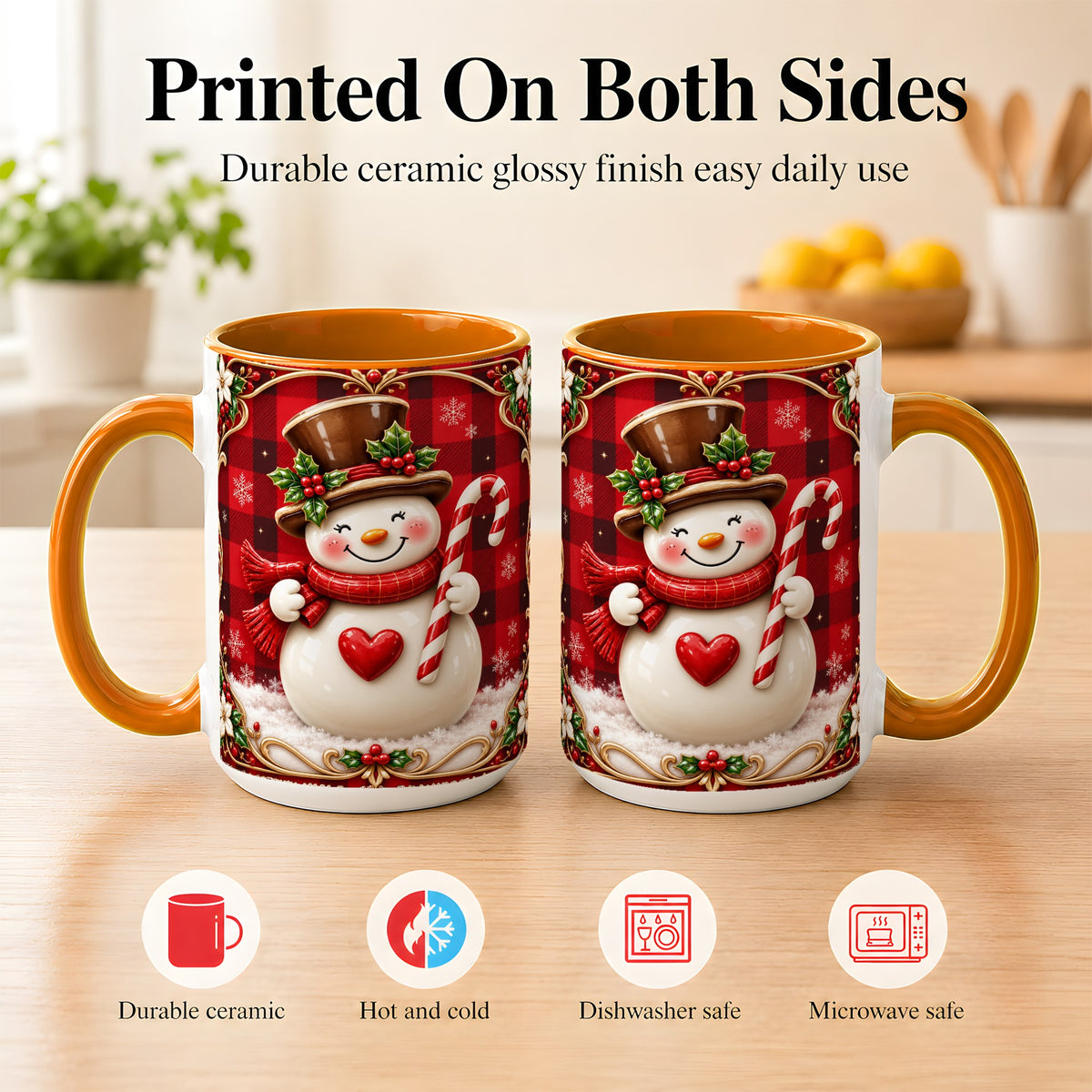 #pl[15oz|Orange] Plaid Snowman Coffee Mug, Christmas Snowman Mug, Ceramic Cup