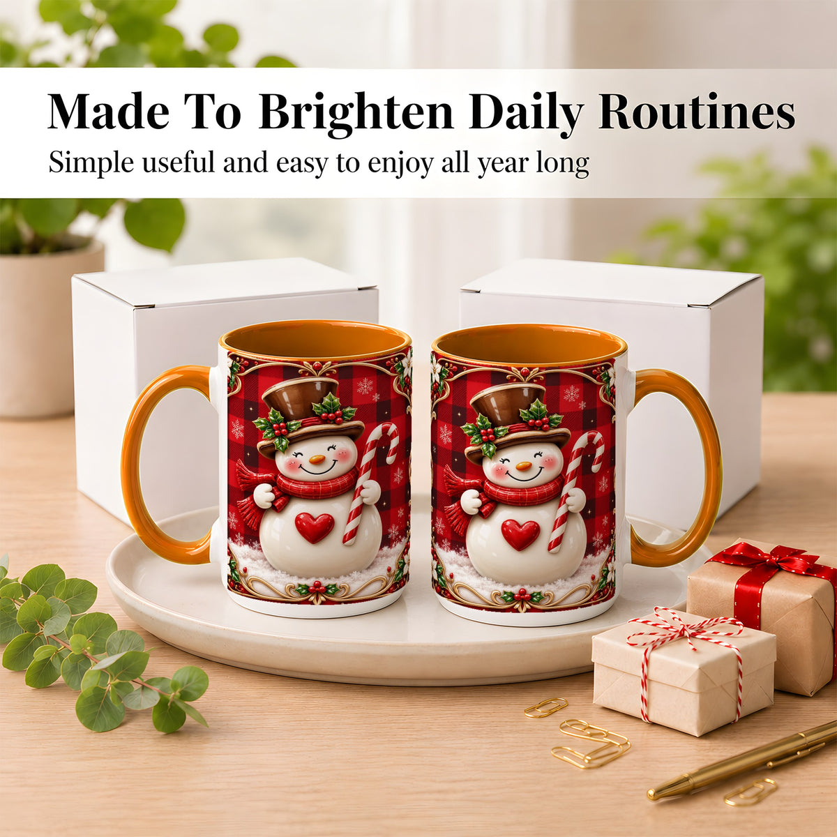 #pl[15oz|Orange] Plaid Snowman Coffee Mug, Christmas Snowman Mug, Ceramic Cup