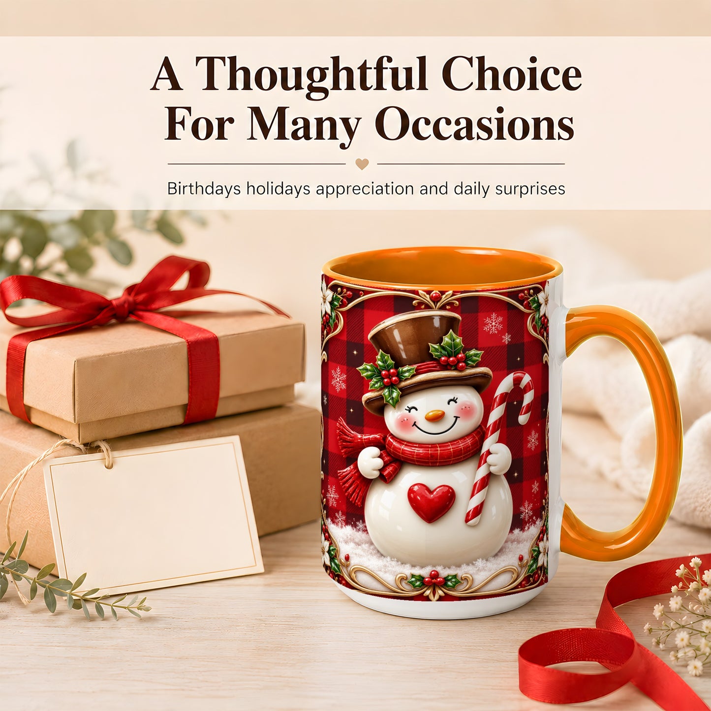 #pl[15oz|Orange] Plaid Snowman Coffee Mug, Christmas Snowman Mug, Ceramic Cup