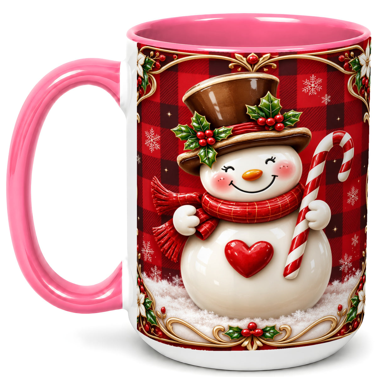 #pl[15oz|Pink] Plaid Snowman Coffee Mug, Christmas Snowman Mug, Ceramic Cup
