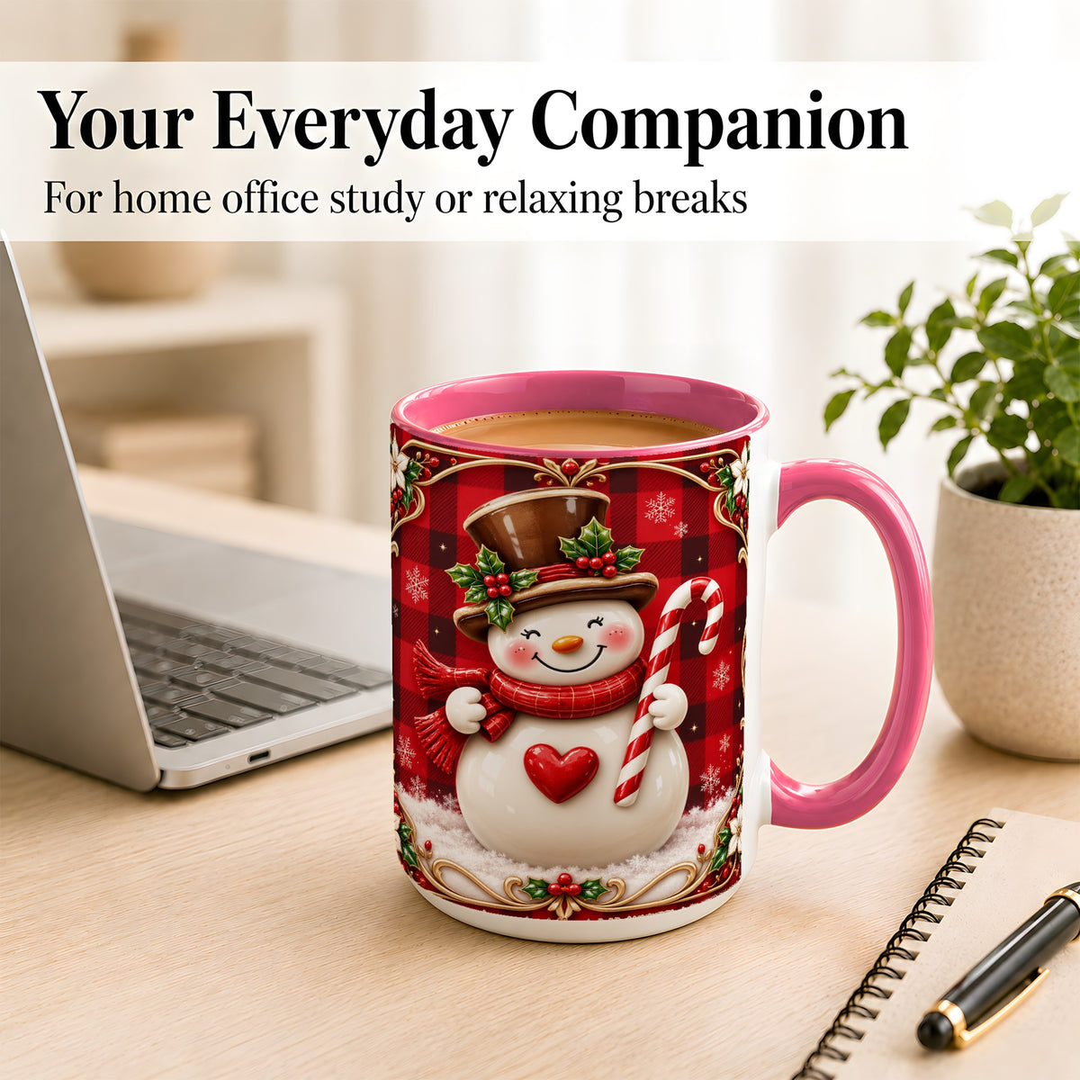 #pl[15oz|Pink] Plaid Snowman Coffee Mug, Christmas Snowman Mug, Ceramic Cup