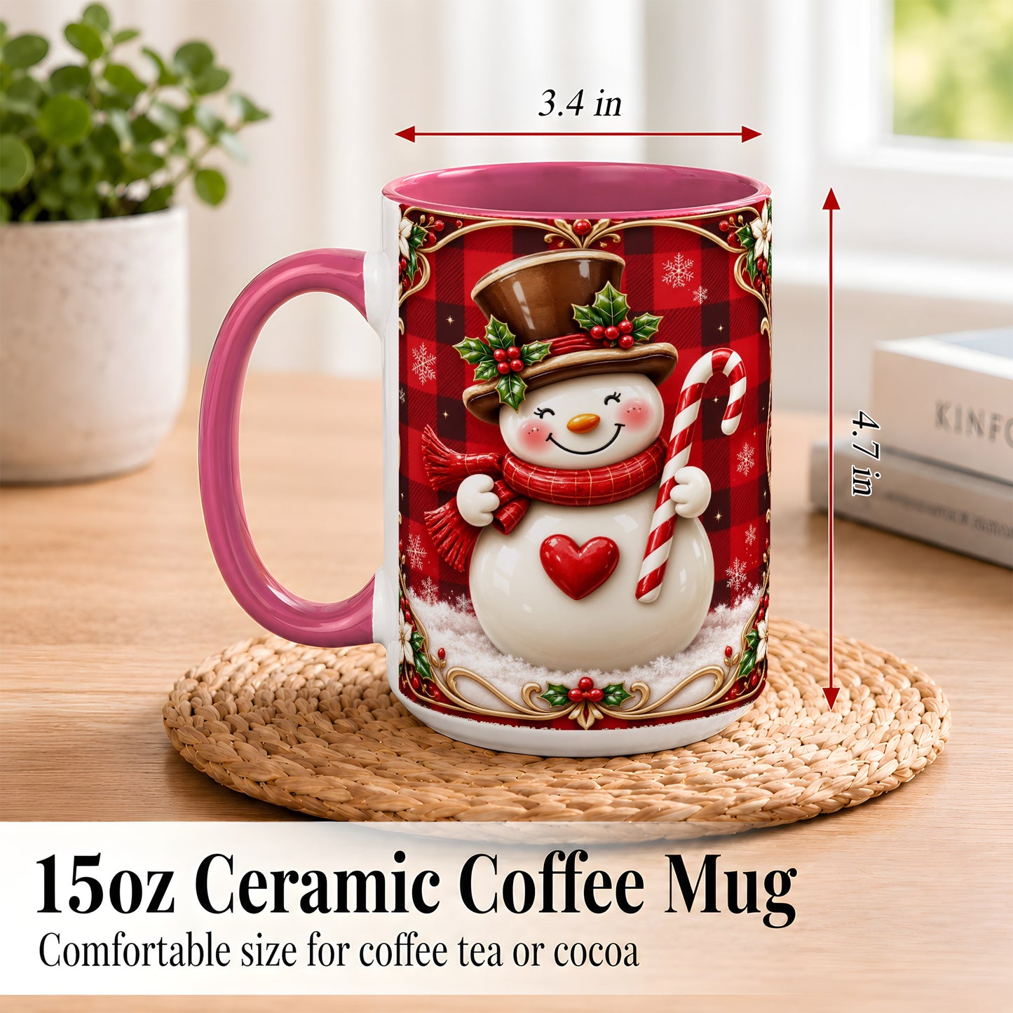 #pl[15oz|Pink] Plaid Snowman Coffee Mug, Christmas Snowman Mug, Ceramic Cup