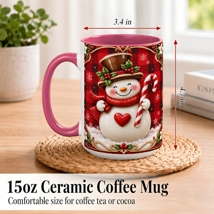 #pl[15oz|Pink] Plaid Snowman Coffee Mug, Christmas Snowman Mug, Ceramic Cup
