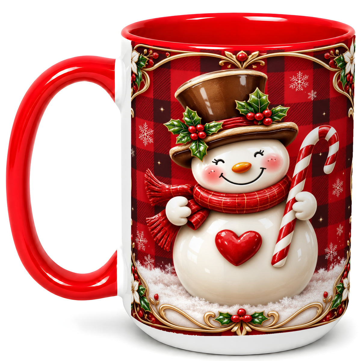 #pl[15oz|Red] Plaid Snowman Coffee Mug, Christmas Snowman Mug, Ceramic Cup