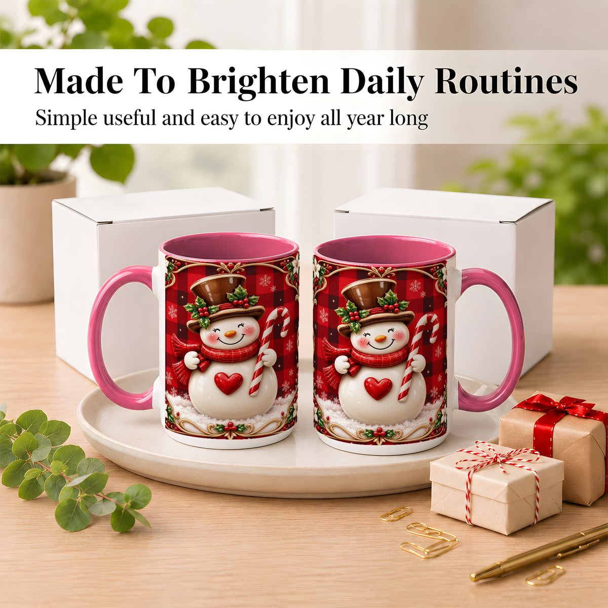 #pl[15oz|Pink] Plaid Snowman Coffee Mug, Christmas Snowman Mug, Ceramic Cup