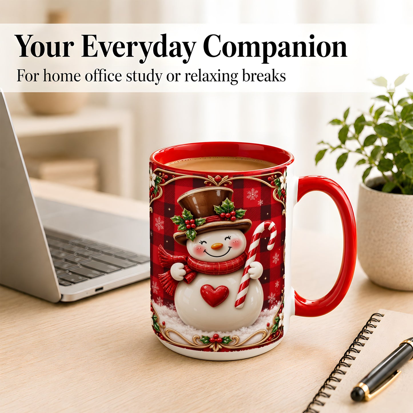 #pl[15oz|Red] Plaid Snowman Coffee Mug, Christmas Snowman Mug, Ceramic Cup