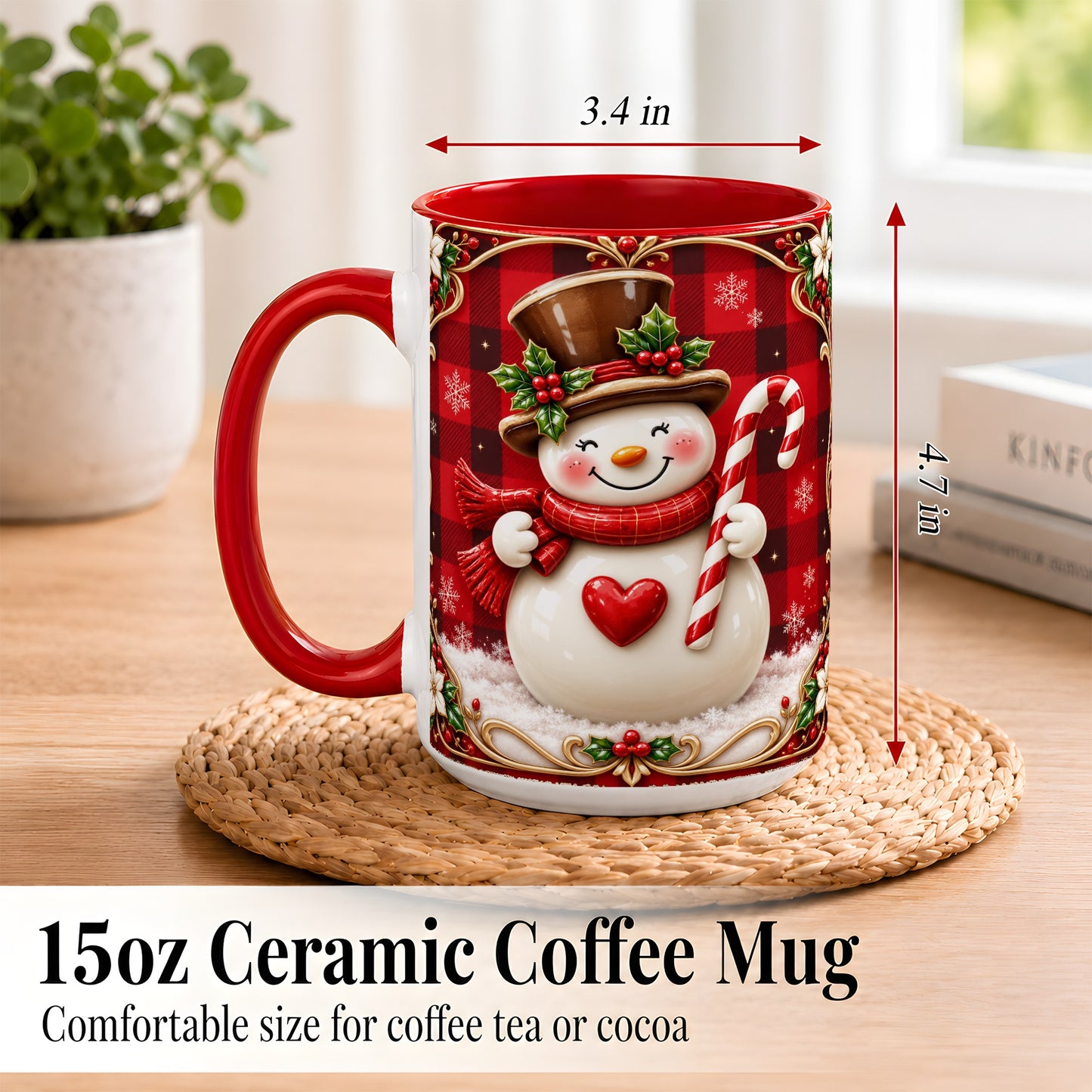 #pl[15oz|Red] Plaid Snowman Coffee Mug, Christmas Snowman Mug, Ceramic Cup