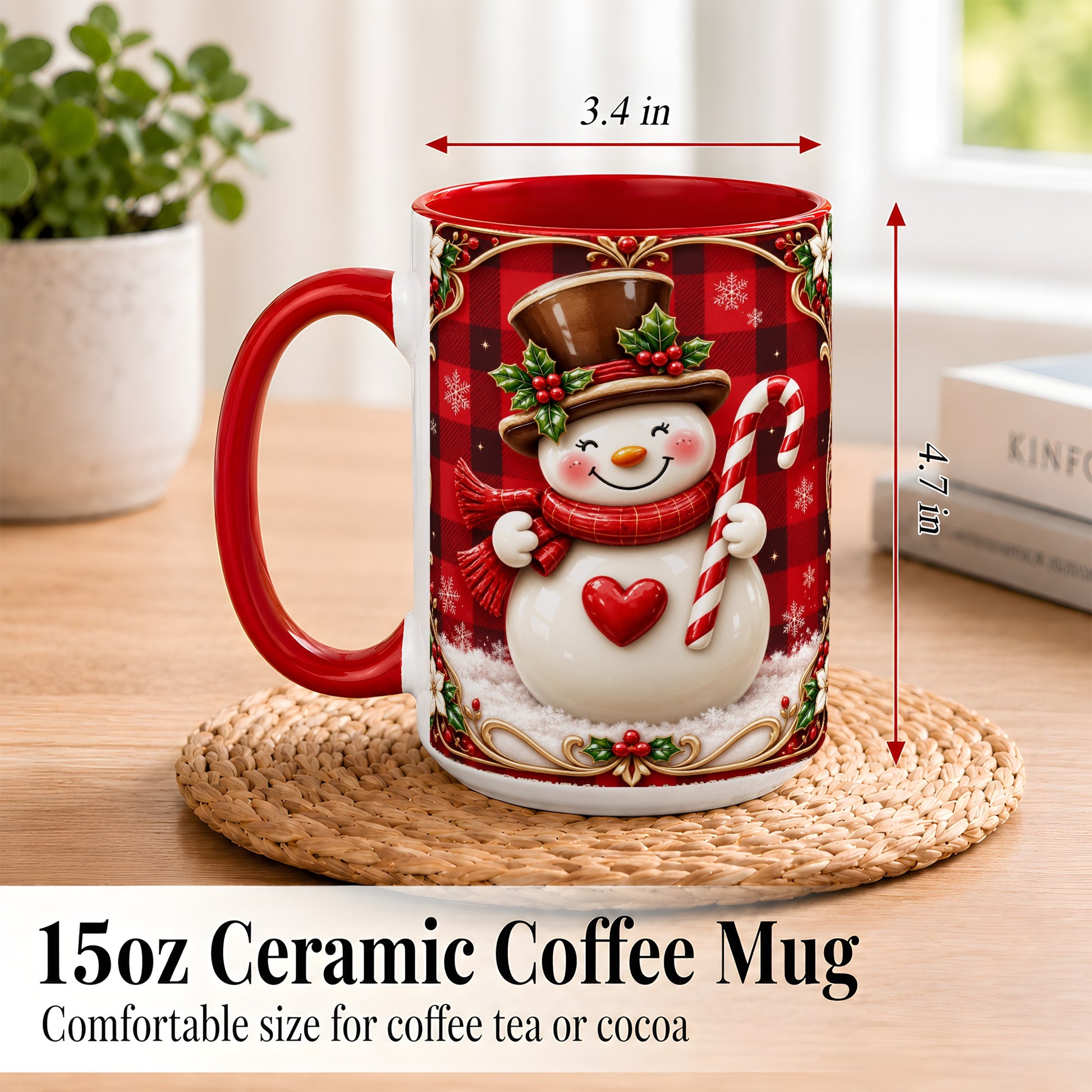 #pl[15oz|Red] Plaid Snowman Coffee Mug, Christmas Snowman Mug, Ceramic Cup