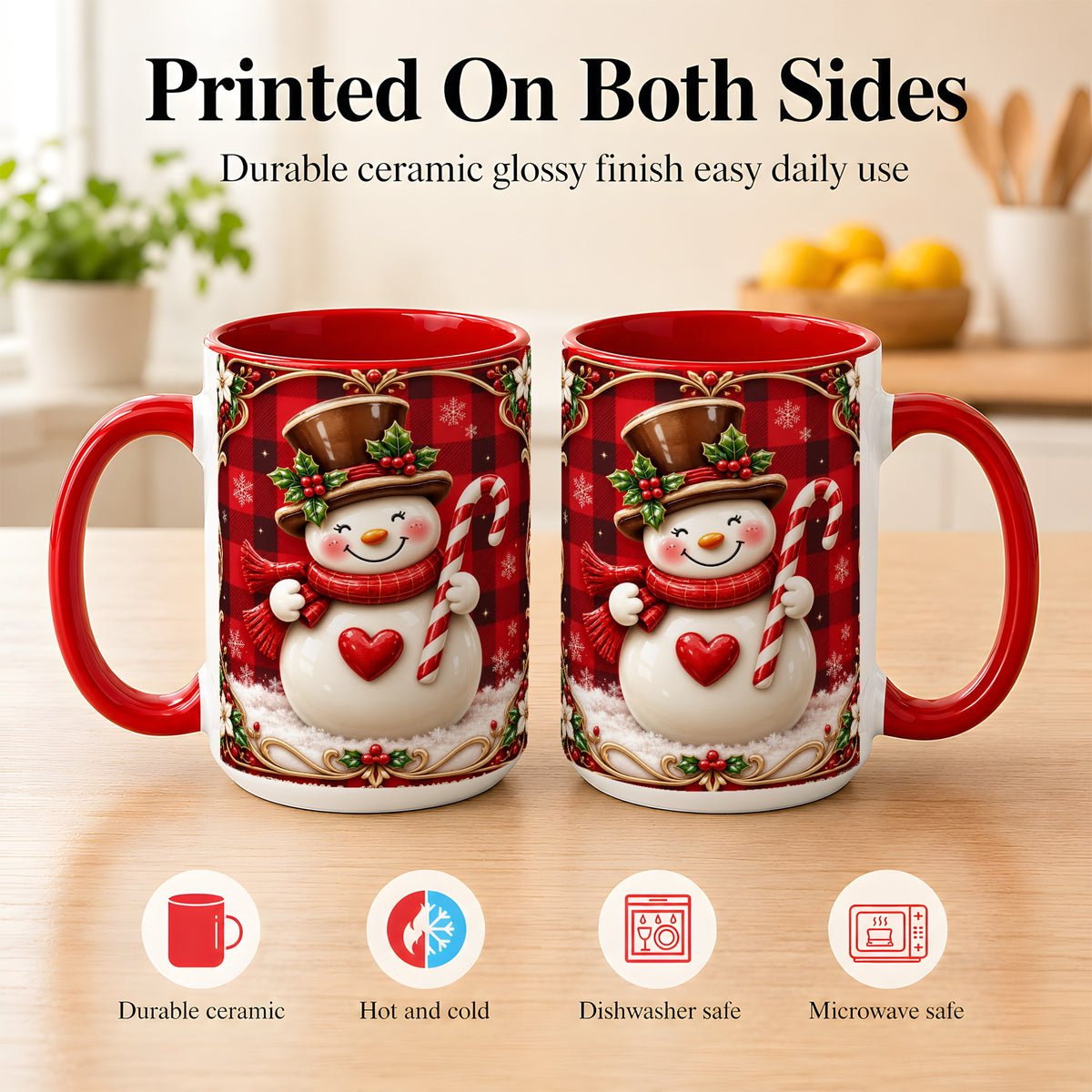 #pl[15oz|Red] Plaid Snowman Coffee Mug, Christmas Snowman Mug, Ceramic Cup