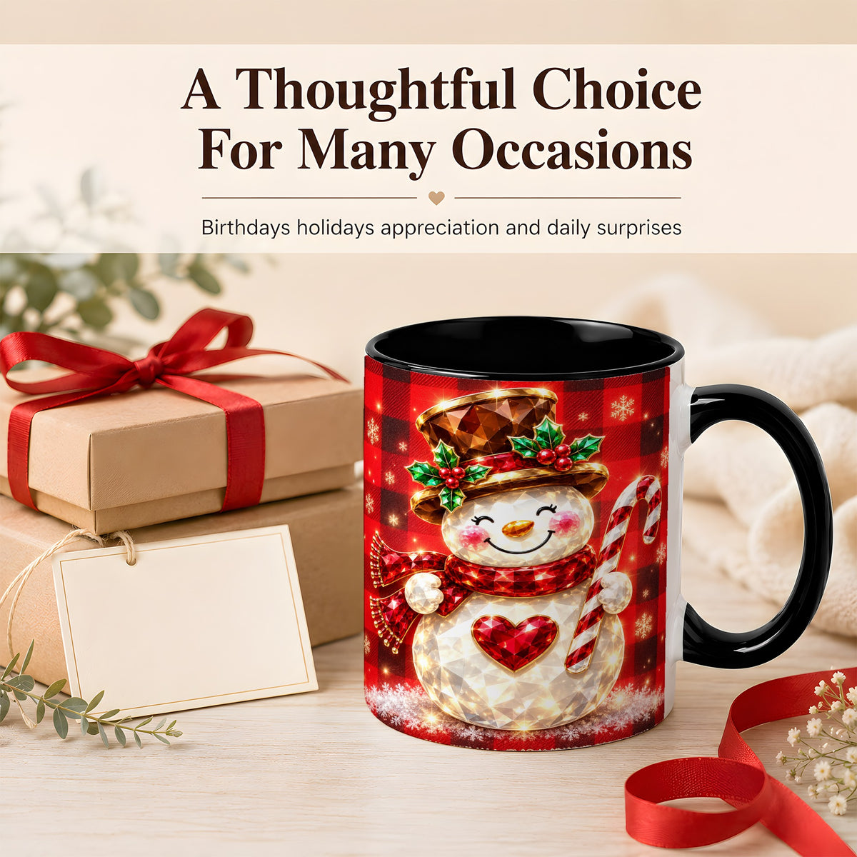 #pl[11oz|Black] Gem Snowman Coffee Mug, Christmas Snowman Mug, Ceramic Cup