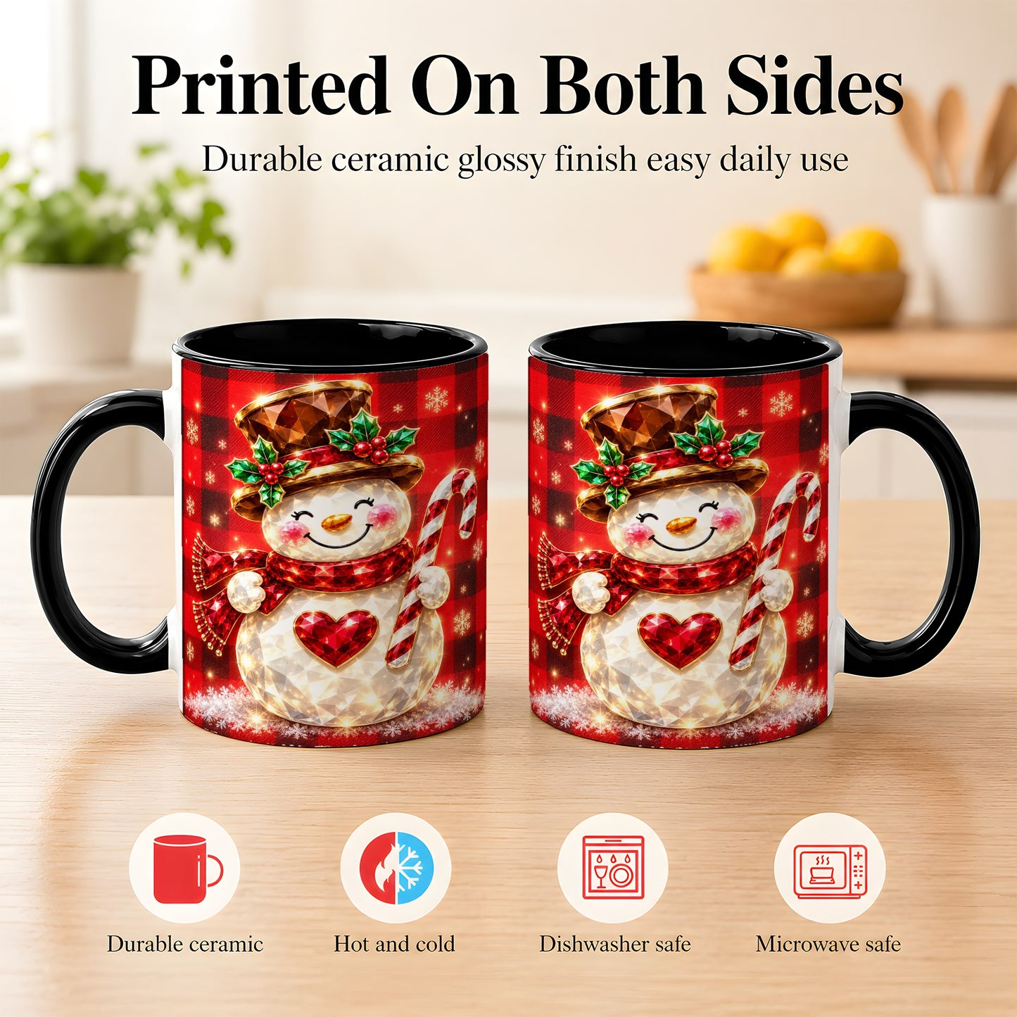 #pl[11oz|Black] Gem Snowman Coffee Mug, Christmas Snowman Mug, Ceramic Cup
