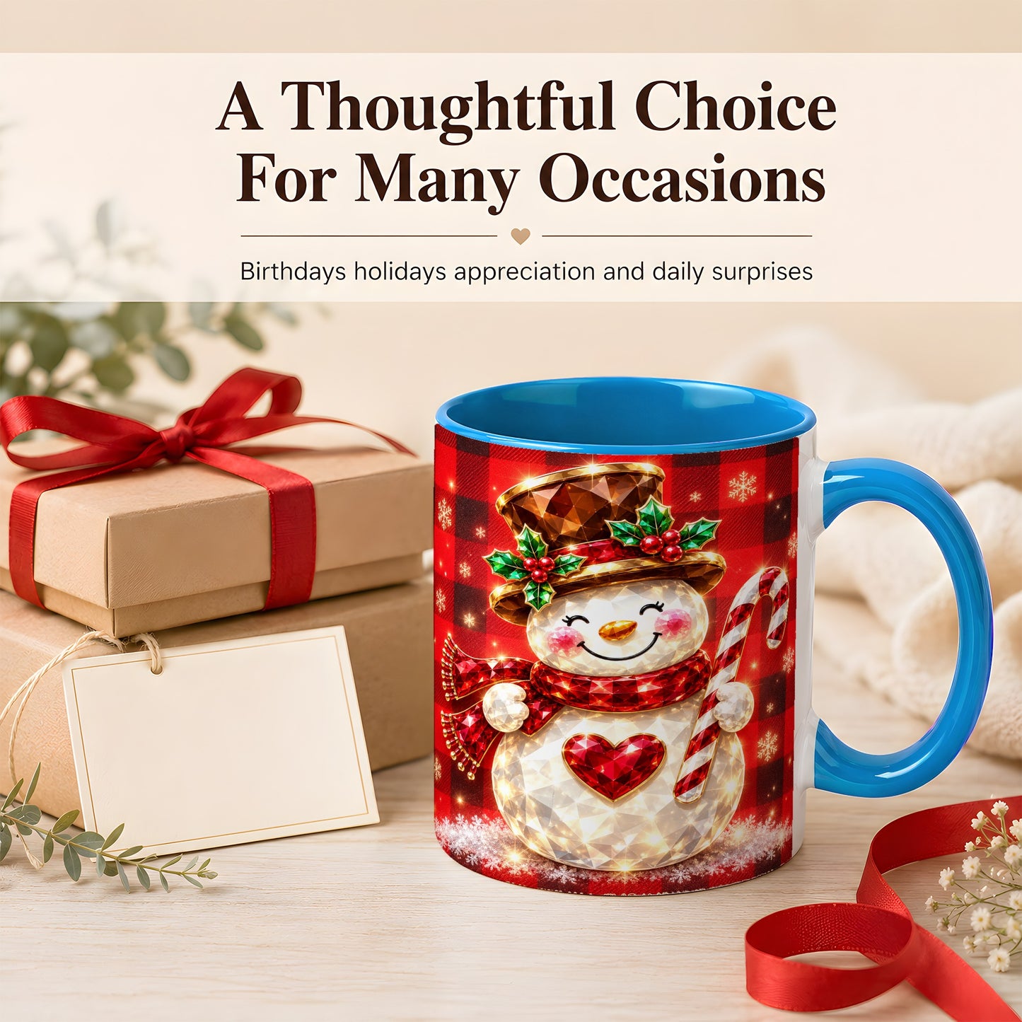 #pl[11oz|Blue] Gem Snowman Coffee Mug, Christmas Snowman Mug, Ceramic Cup