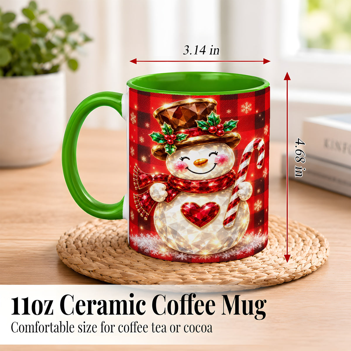 #pl[11oz|Green] Gem Snowman Coffee Mug, Christmas Snowman Mug, Ceramic Cup