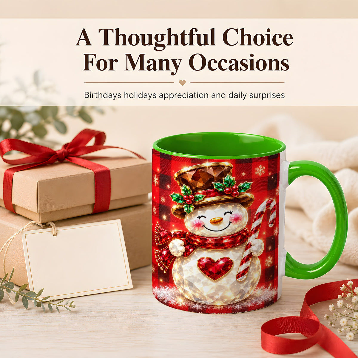 #pl[11oz|Green] Gem Snowman Coffee Mug, Christmas Snowman Mug, Ceramic Cup