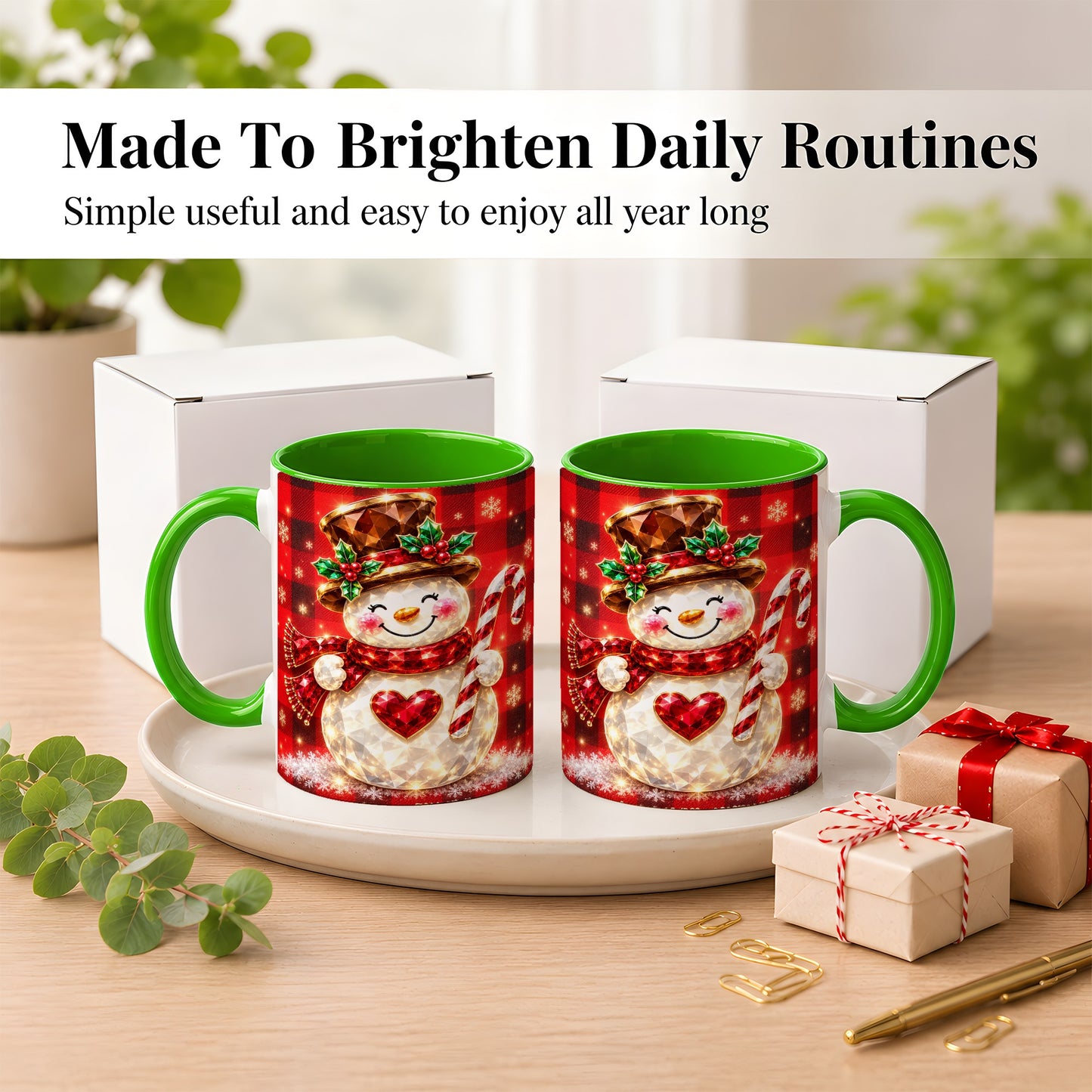 #pl[11oz|Green] Gem Snowman Coffee Mug, Christmas Snowman Mug, Ceramic Cup