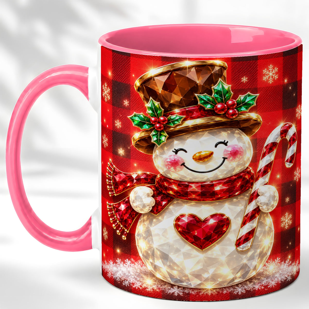 #pl[11oz|Pink] Gem Snowman Coffee Mug, Christmas Snowman Mug, Ceramic Cup