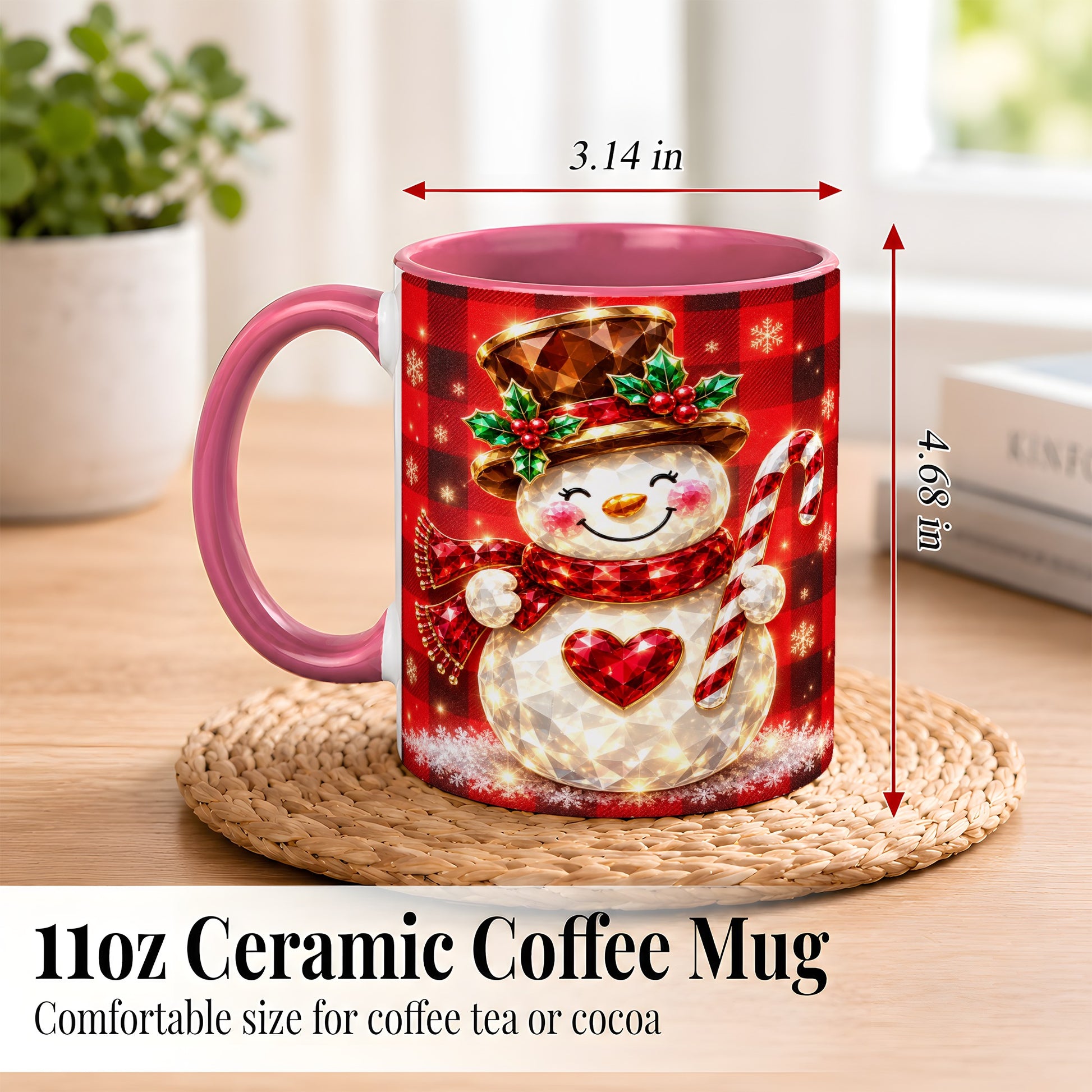 #pl[11oz|Pink] Gem Snowman Coffee Mug, Christmas Snowman Mug, Ceramic Cup